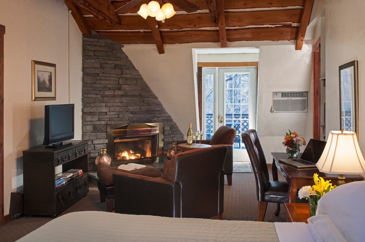 Gold room bed and fireplace