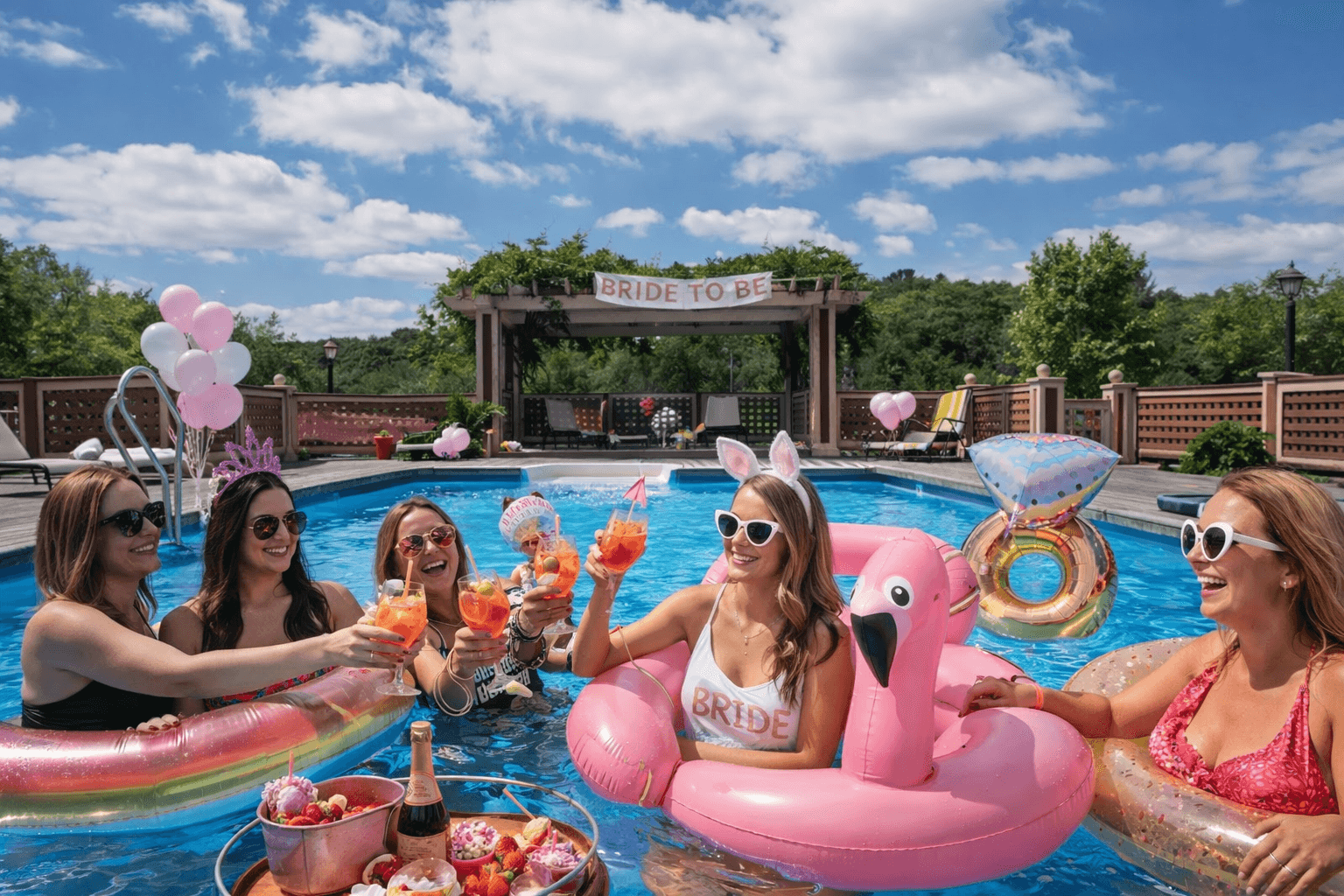 Five friends celebrate a bachelorette party by a pool, enjoying drinks and festive decor.