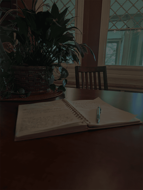 Open notebook and pen on a wooden table, beside a lush potted plant. Background features a window with diamond patterns, creating a serene ambiance.