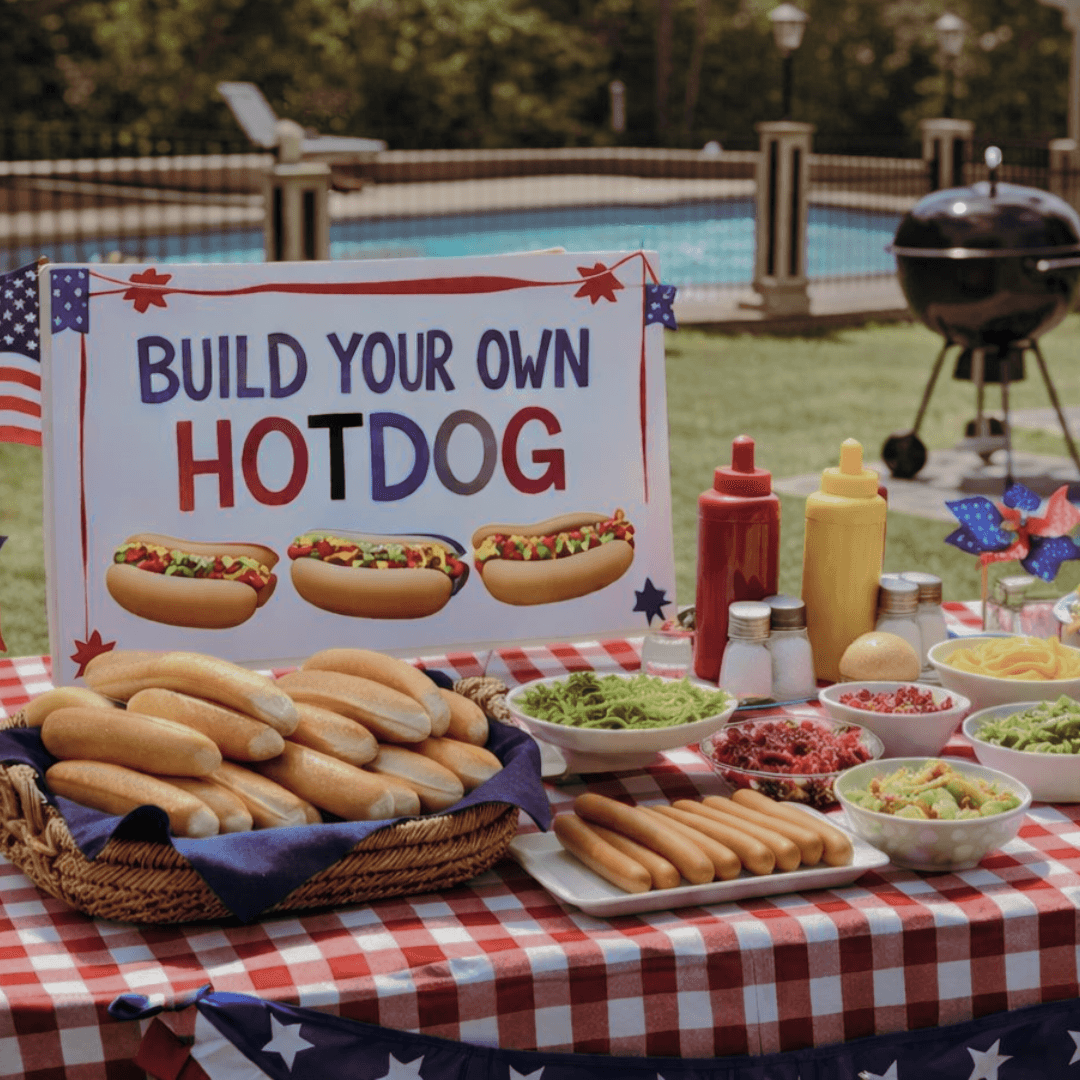 A picnic table displays a "Build Your Own Hotdog" sign with various toppings, hot dogs, and buns.