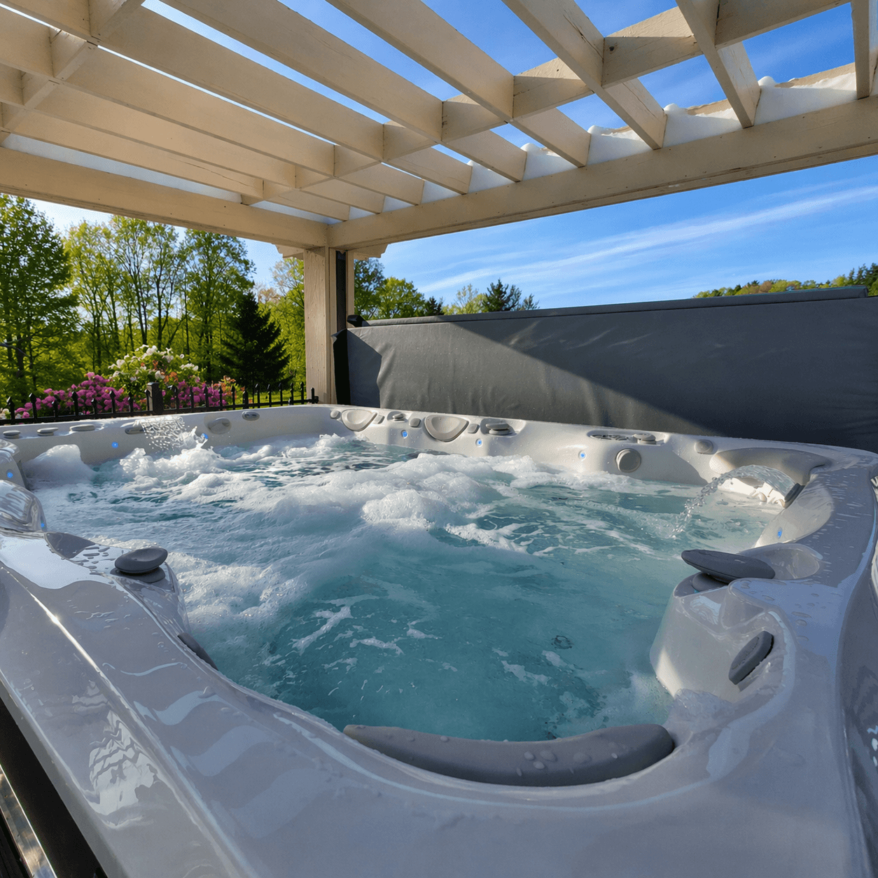 A hot tub with bubbling water is situated under a wooden pergola, surrounded by greenery and flowers.