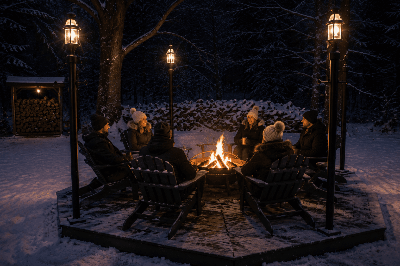 senior adults sitting outside in the dark and snow around a fire pit senior adults sitting outside in the dark and snow around a fire pit